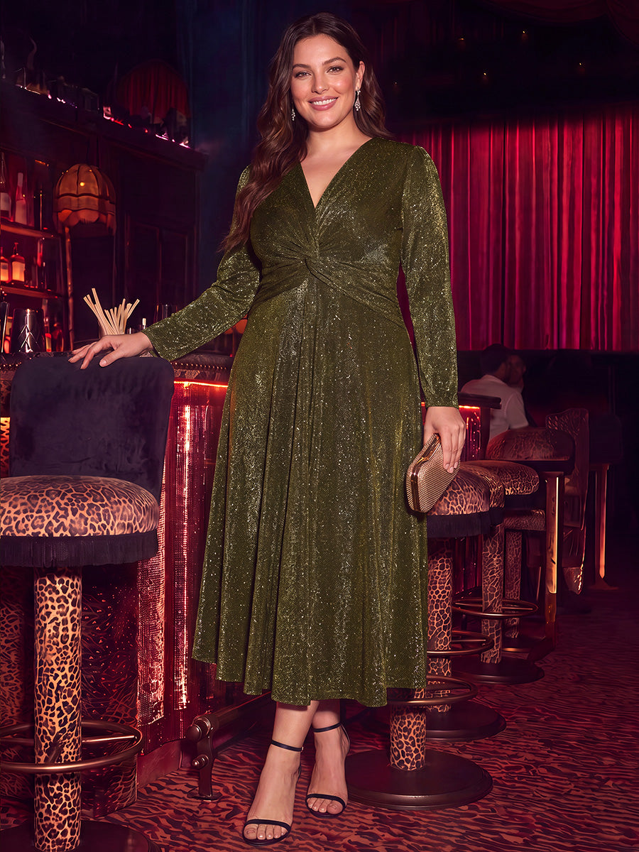 Plus Size Knot Detail Glitter Long Sleeve Wedding Guest Dress #color_Metallic Gold