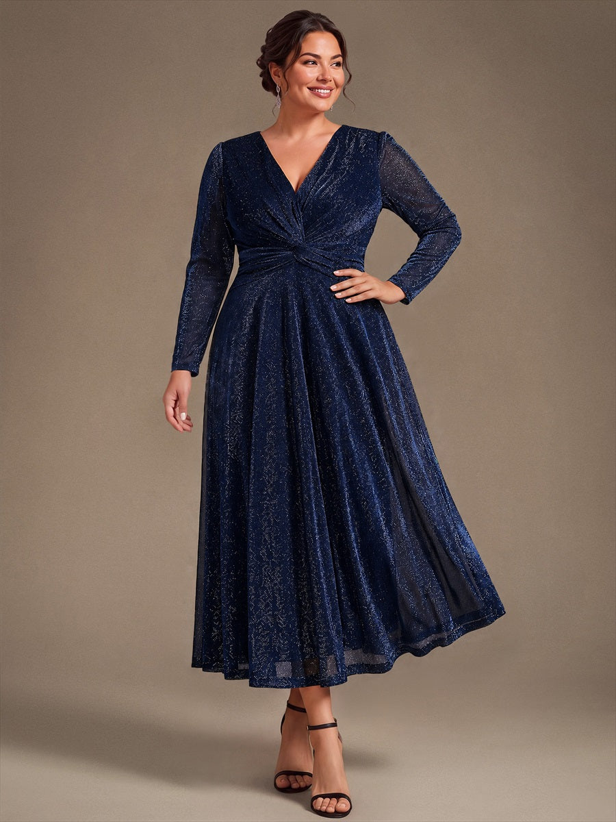 Plus Size Knot Detail Glitter Long Sleeve Wedding Guest Dress #color_Navy Blue