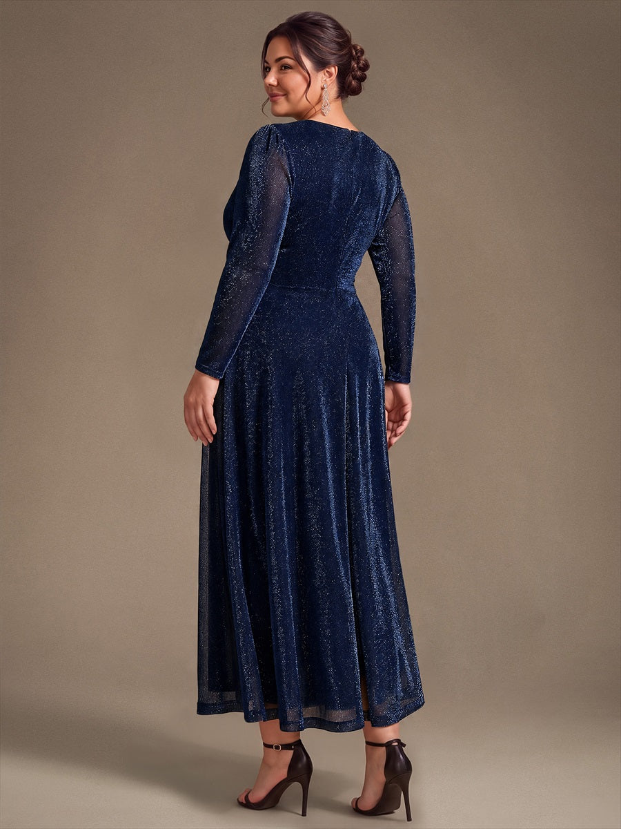 Plus Size Knot Detail Glitter Long Sleeve Wedding Guest Dress #color_Navy Blue