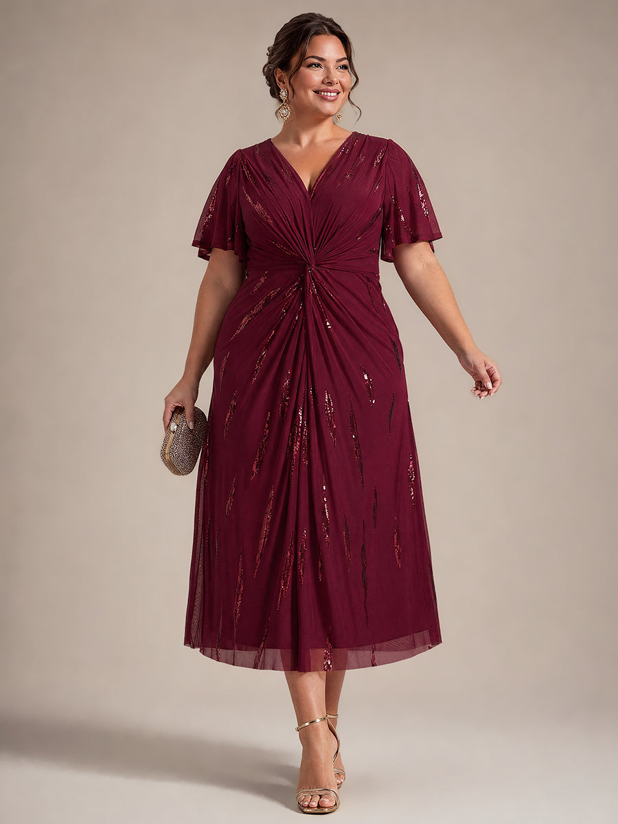 Plus Size Sequin Tulle Wedding Guest Dress #color_Burgundy