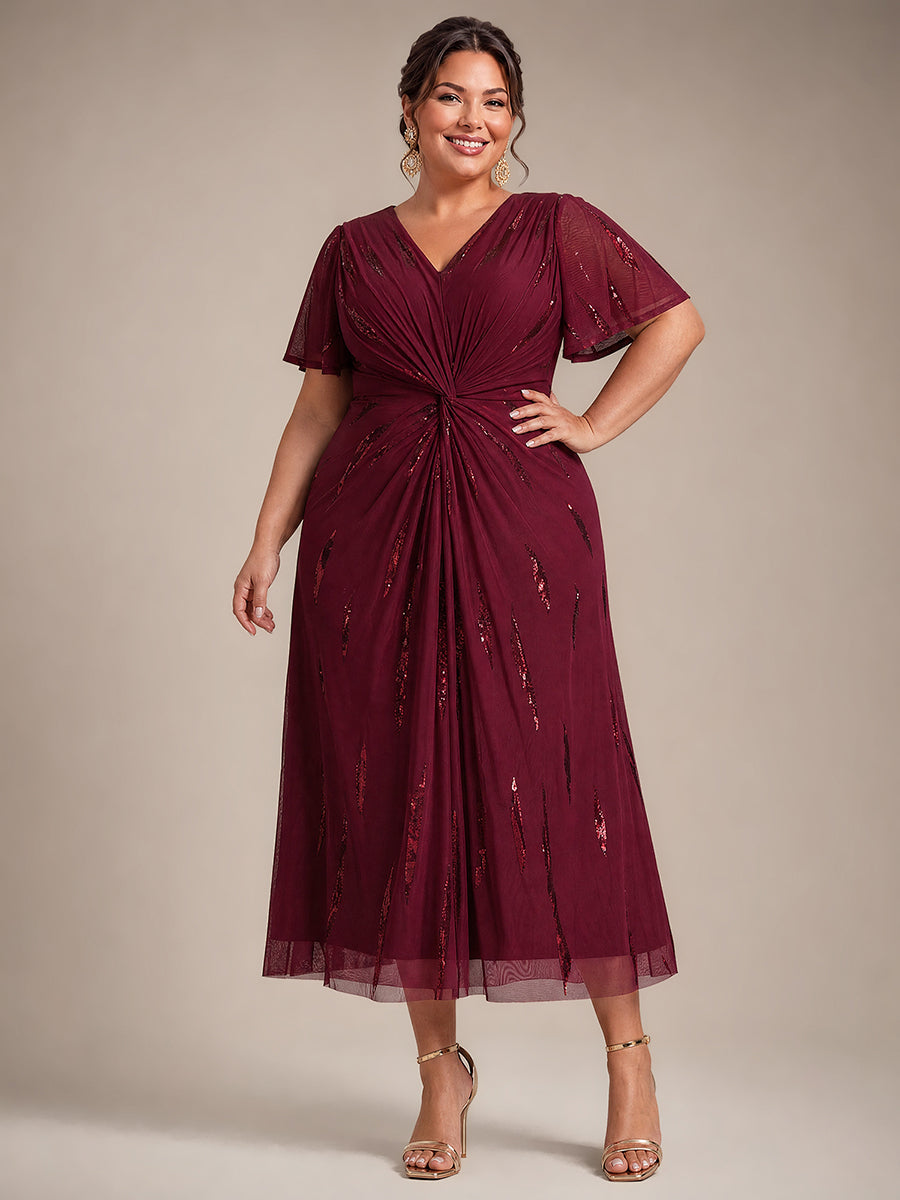 Plus Size Sequin Tulle Wedding Guest Dress #color_Burgundy