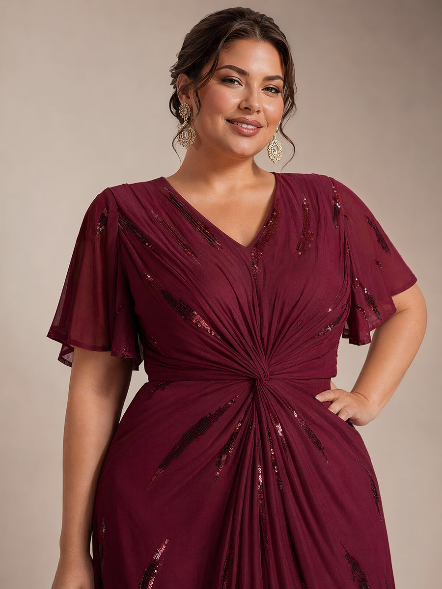 Plus Size Sequin Tulle Wedding Guest Dress #color_Burgundy
