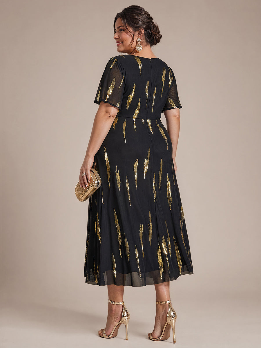 Plus Size Sequin Tulle Wedding Guest Dress #color_Black&Metallic Gold