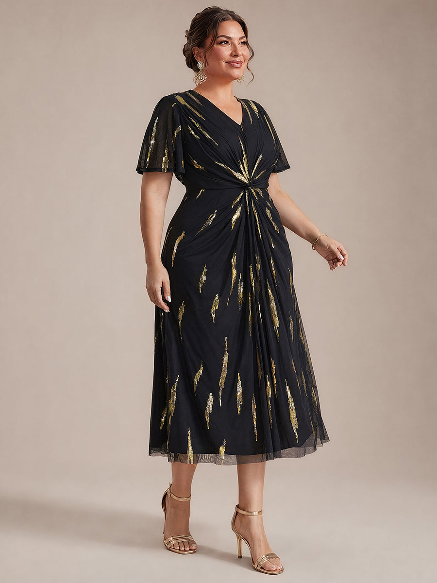 Plus Size Sequin Tulle Wedding Guest Dress #color_Black&Metallic Gold