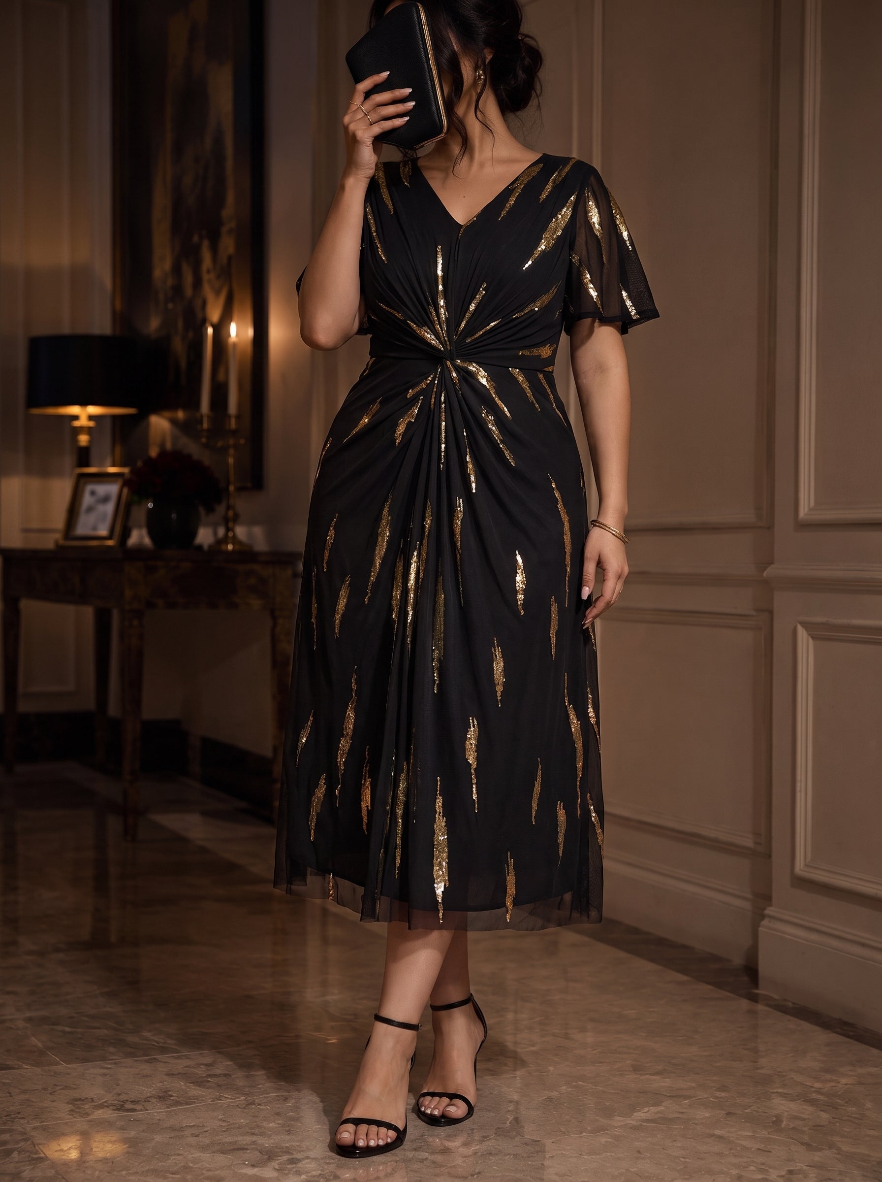 Plus Size Sequin Tulle Wedding Guest Dress #color_Black&Metallic Gold