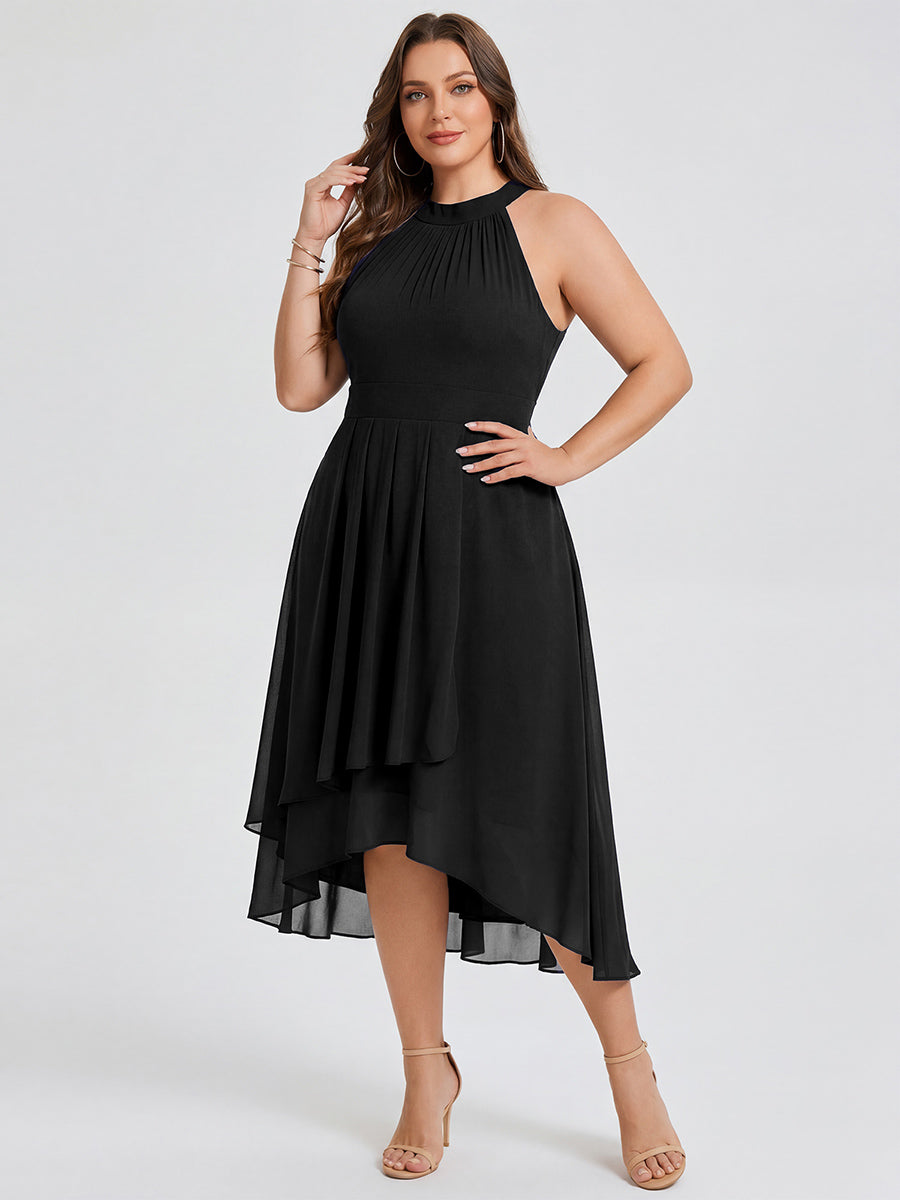 Midi Halter Neck Chiffon Wedding Guest Dress with Sleeveless and A-Line #color_Black