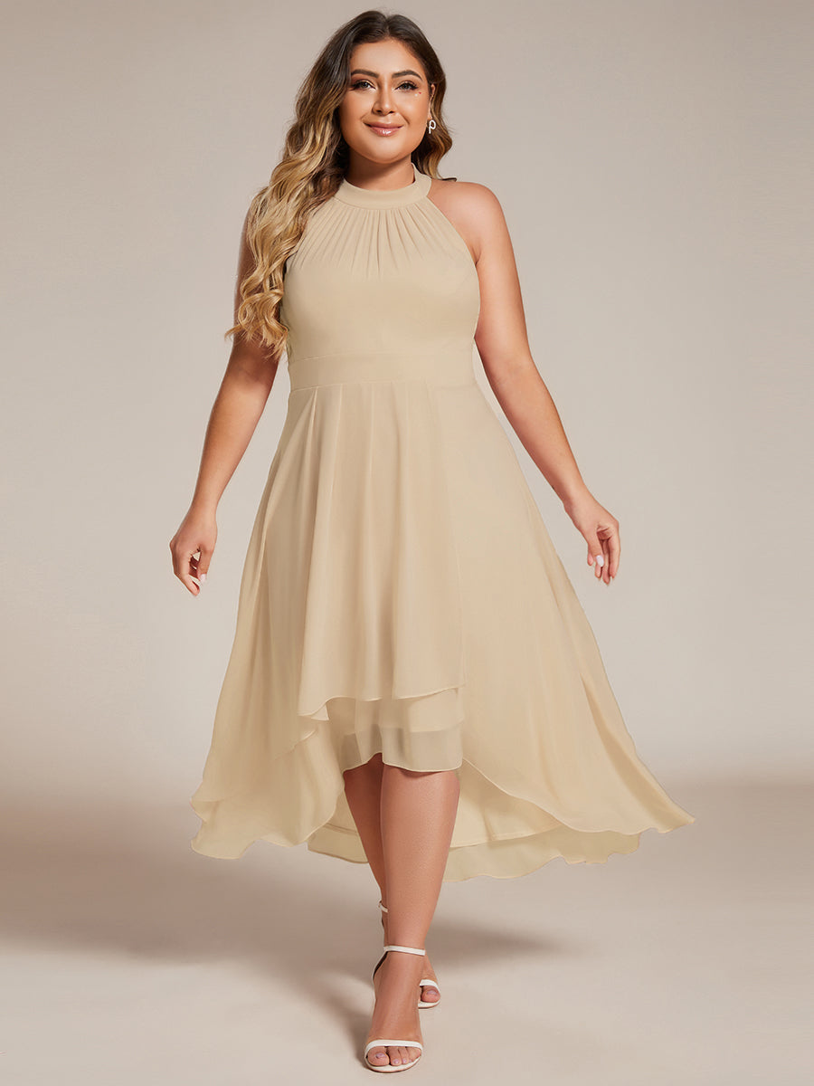 Midi Halter Neck Chiffon Wedding Guest Dress with Sleeveless and A-Line #color_Champagne