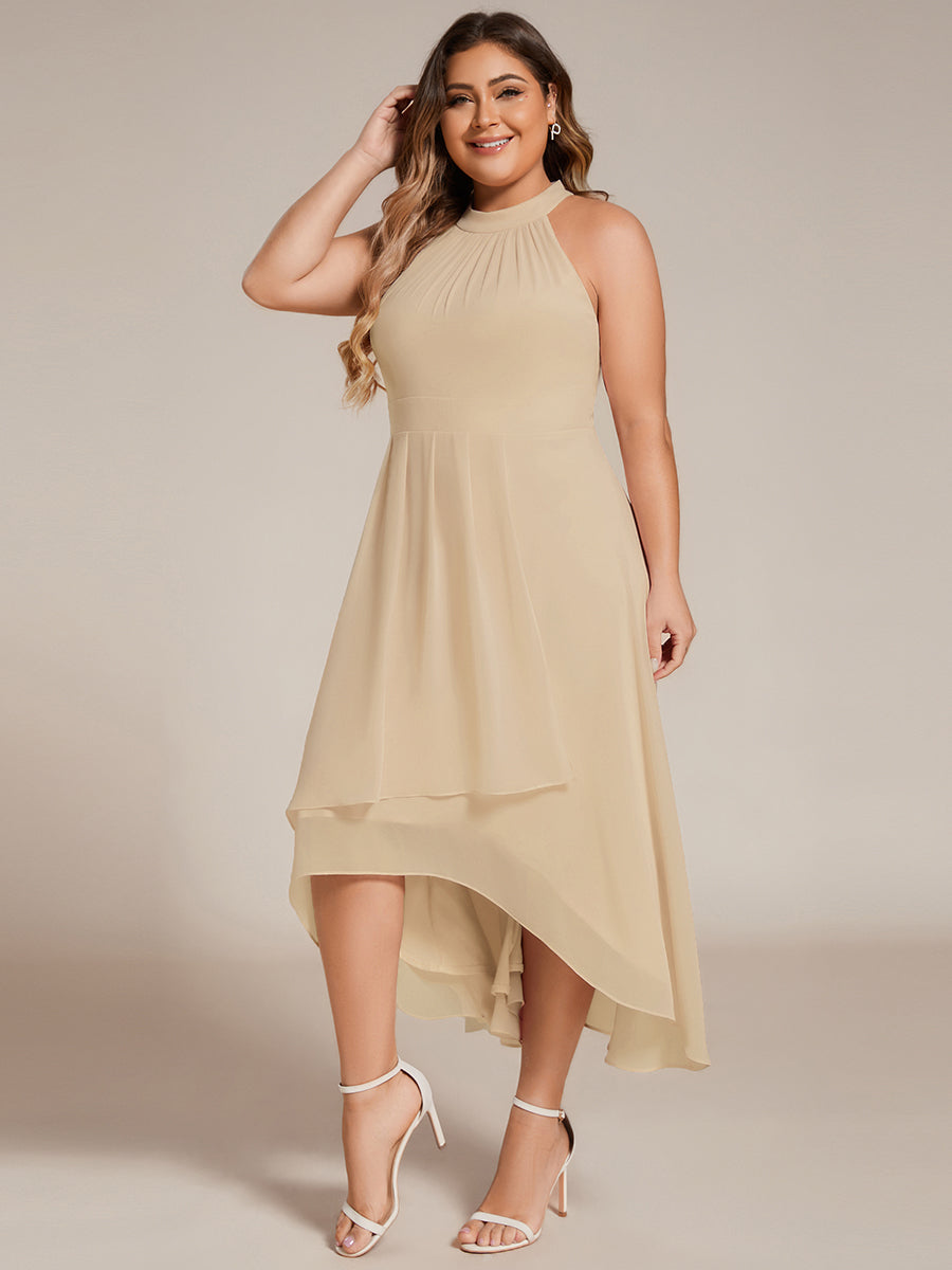 Midi Halter Neck Chiffon Wedding Guest Dress with Sleeveless and A-Line #color_Champagne