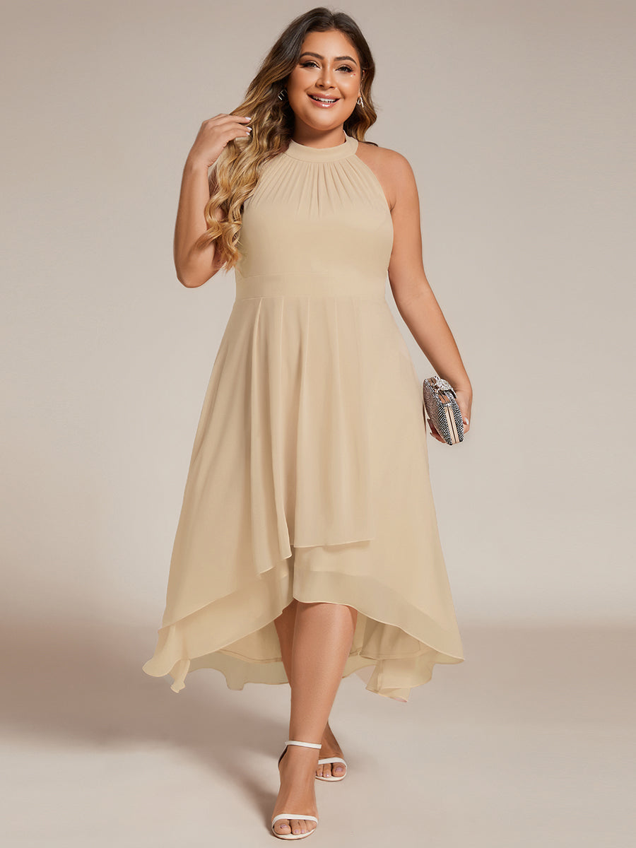 Midi Halter Neck Chiffon Wedding Guest Dress with Sleeveless and A-Line #color_Champagne