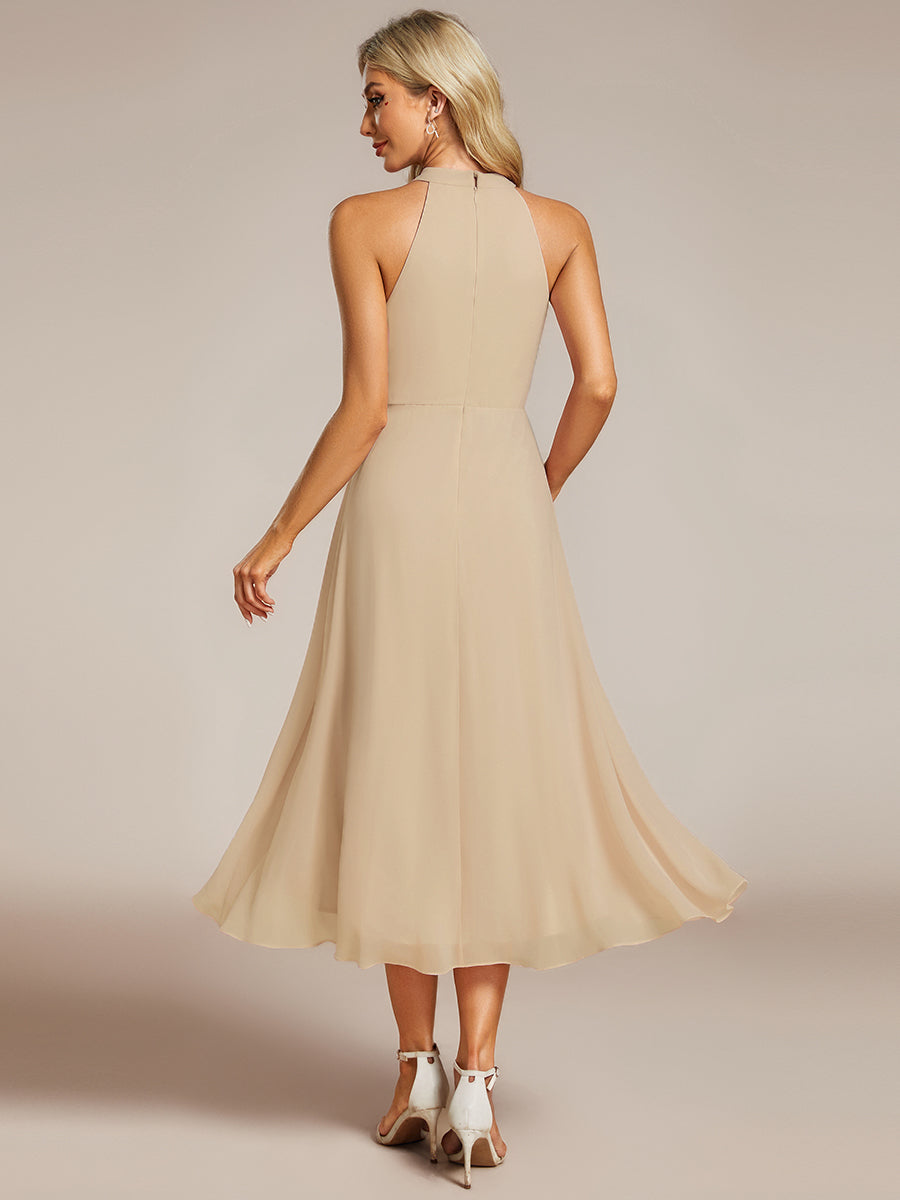 Midi Halter Neck Chiffon Wedding Guest Dress with Sleeveless and A-Line #color_Champagne