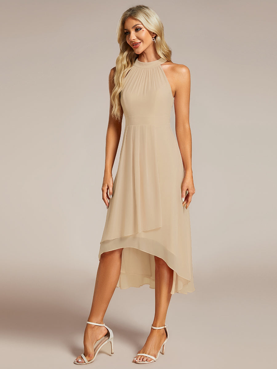 Midi Halter Neck Chiffon Wedding Guest Dress with Sleeveless and A-Line #color_Champagne