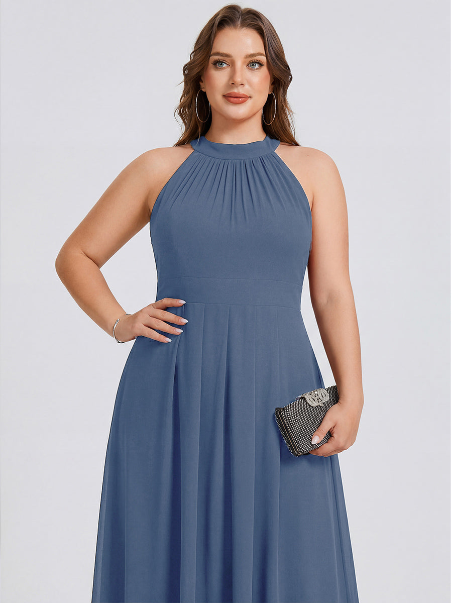 Midi Halter Neck Chiffon Wedding Guest Dress with Sleeveless and A-Line #color_Dusty Blue
