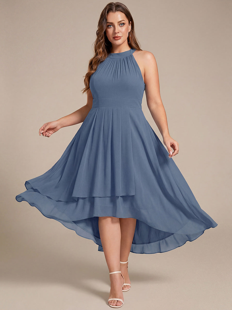Midi Halter Neck Chiffon Wedding Guest Dress with Sleeveless and A-Line #color_Dusty Blue