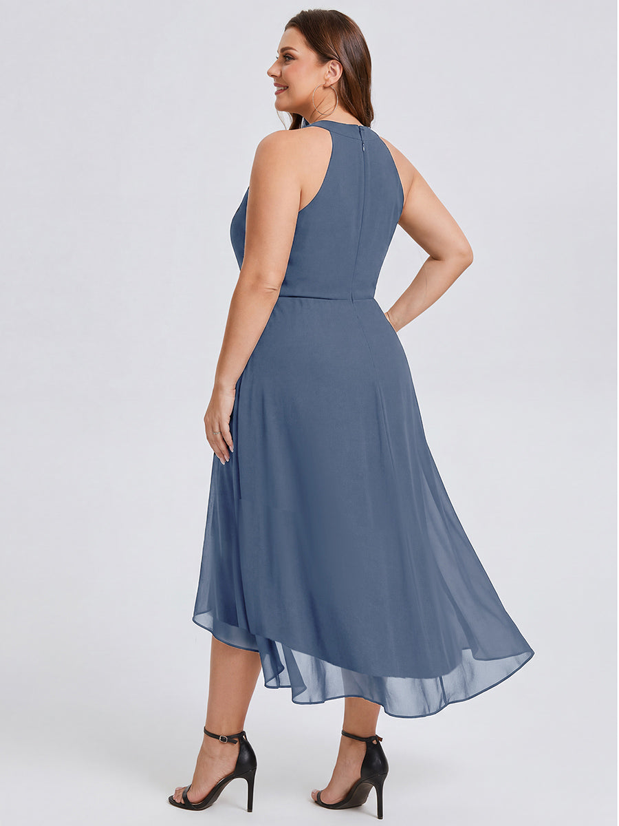 Midi Halter Neck Chiffon Wedding Guest Dress with Sleeveless and A-Line #color_Dusty Blue