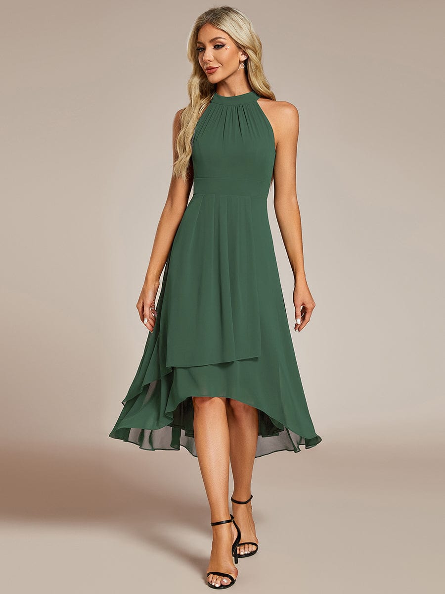 Midi Halter Neck Chiffon Wedding Guest Dress with Sleeveless and A-Line #color_Eucalyptus