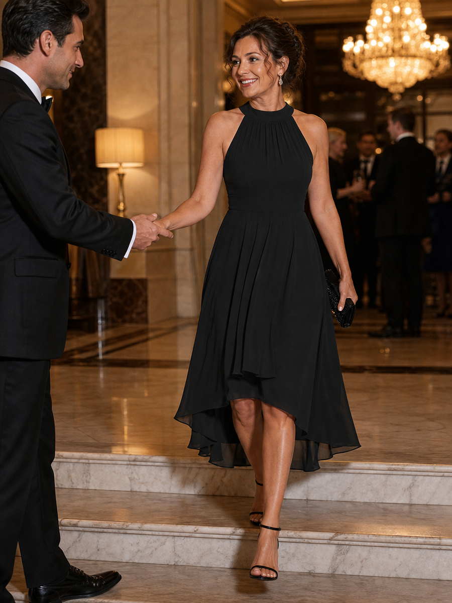 Midi Halter Neck Chiffon Wedding Guest Dress with Sleeveless and A-Line #color_Black