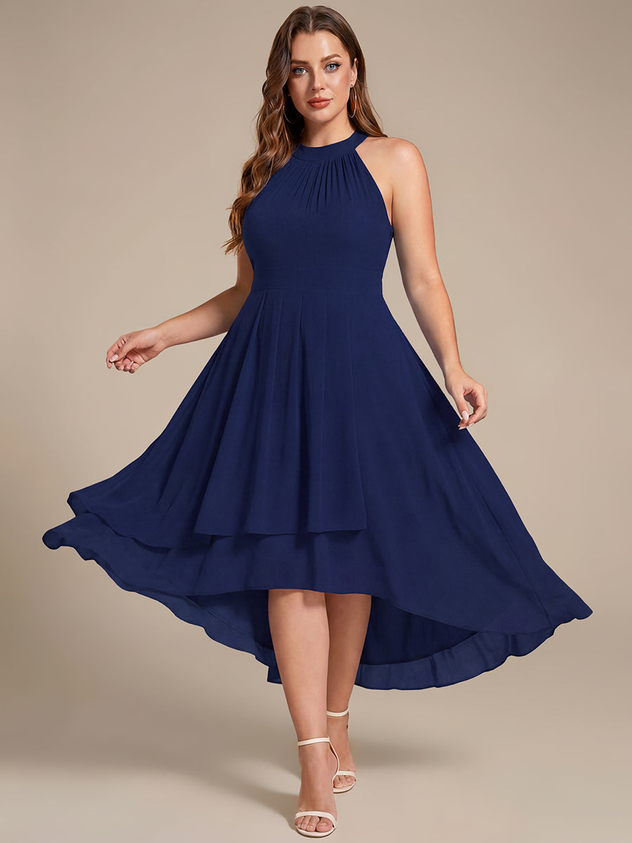 Midi Halter Neck Chiffon Wedding Guest Dress with Sleeveless and A-Line #color_Navy Blue