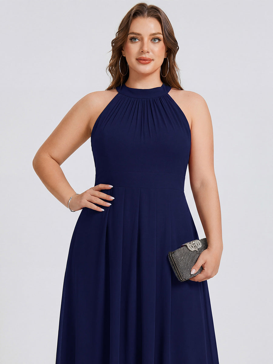 Midi Halter Neck Chiffon Wedding Guest Dress with Sleeveless and A-Line #color_Navy Blue