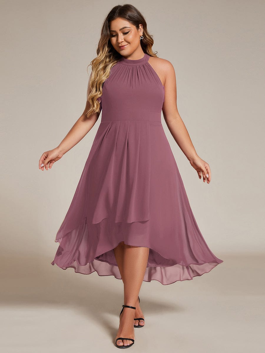 Midi Halter Neck Chiffon Wedding Guest Dress with Sleeveless and A-Line #color_Purple Orchid