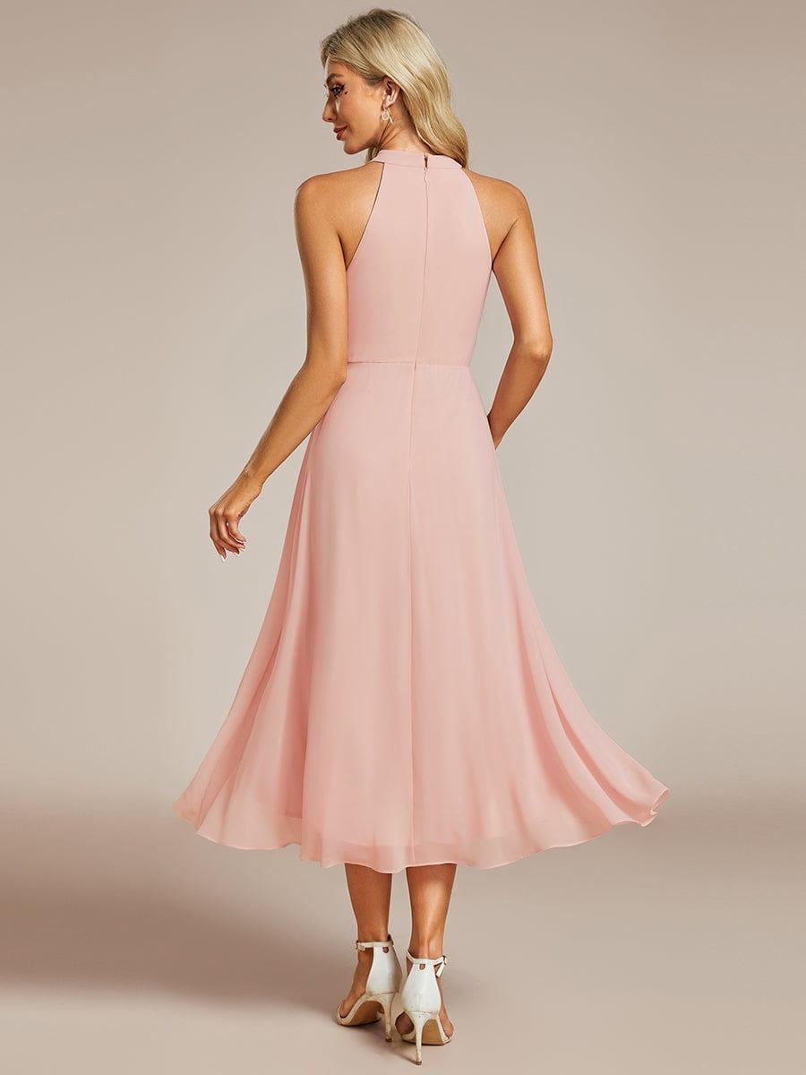 Midi Halter Neck Chiffon Wedding Guest Dress with Sleeveless and A-Line #color_Pink