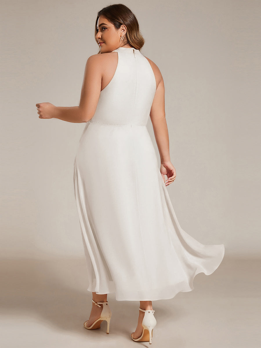 Midi Halter Neck Chiffon Wedding Guest Dress with Sleeveless and A-Line #color_White