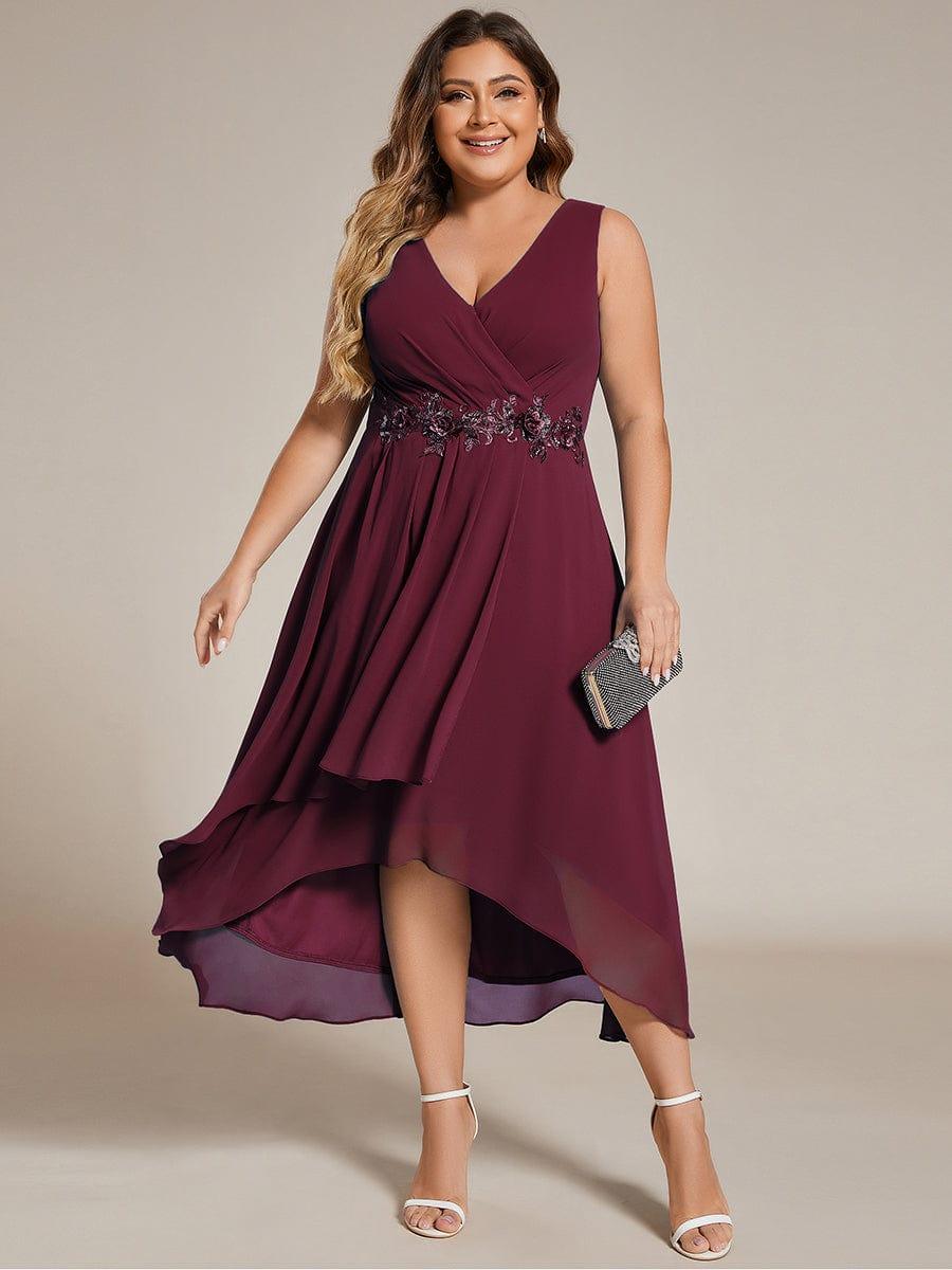 Sleeveless V-Neck High Low Wedding Guest Dress with Floral Applique #color_Burgundy