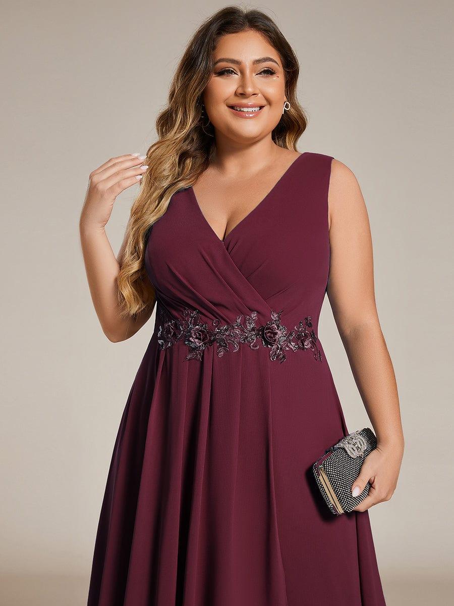 Sleeveless V-Neck High Low Wedding Guest Dress with Floral Applique #color_Burgundy