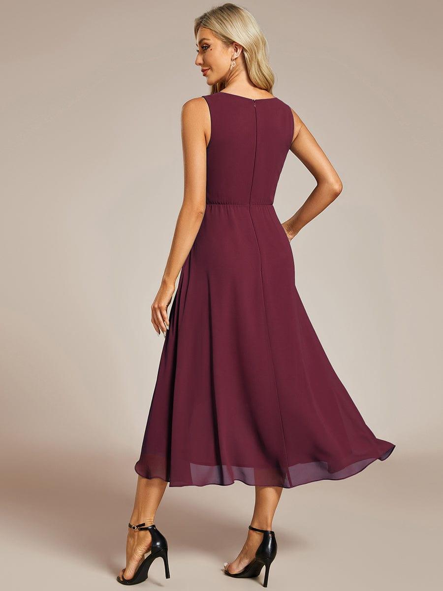 Sleeveless V-Neck High Low Wedding Guest Dress with Floral Applique #color_Burgundy
