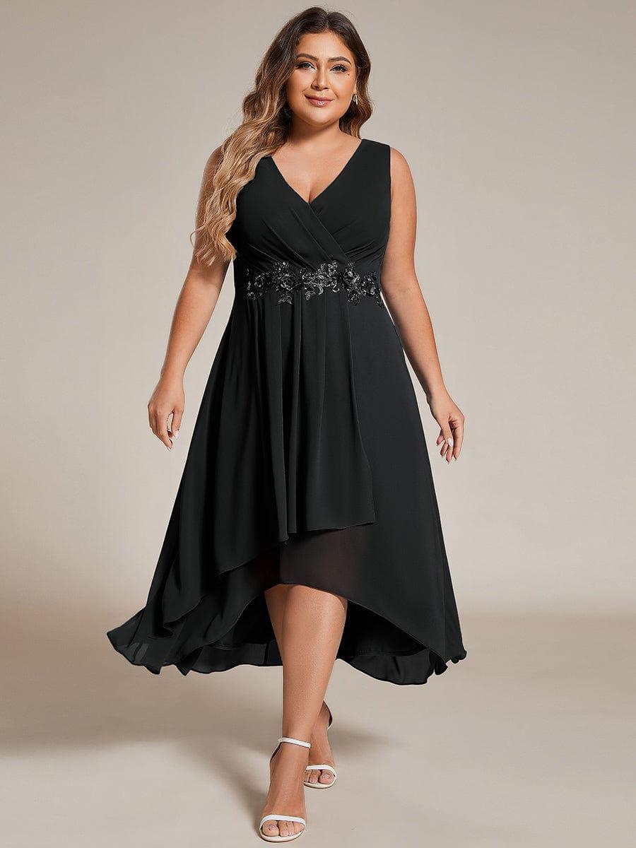 Sleeveless V-Neck High Low Wedding Guest Dress with Floral Applique #color_Black