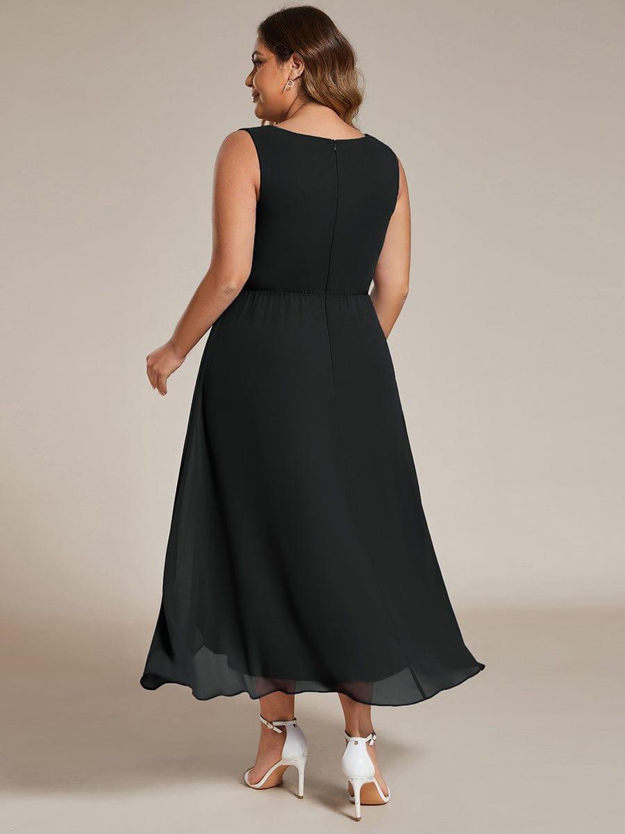 Sleeveless V-Neck High Low Wedding Guest Dress with Floral Applique #color_Black
