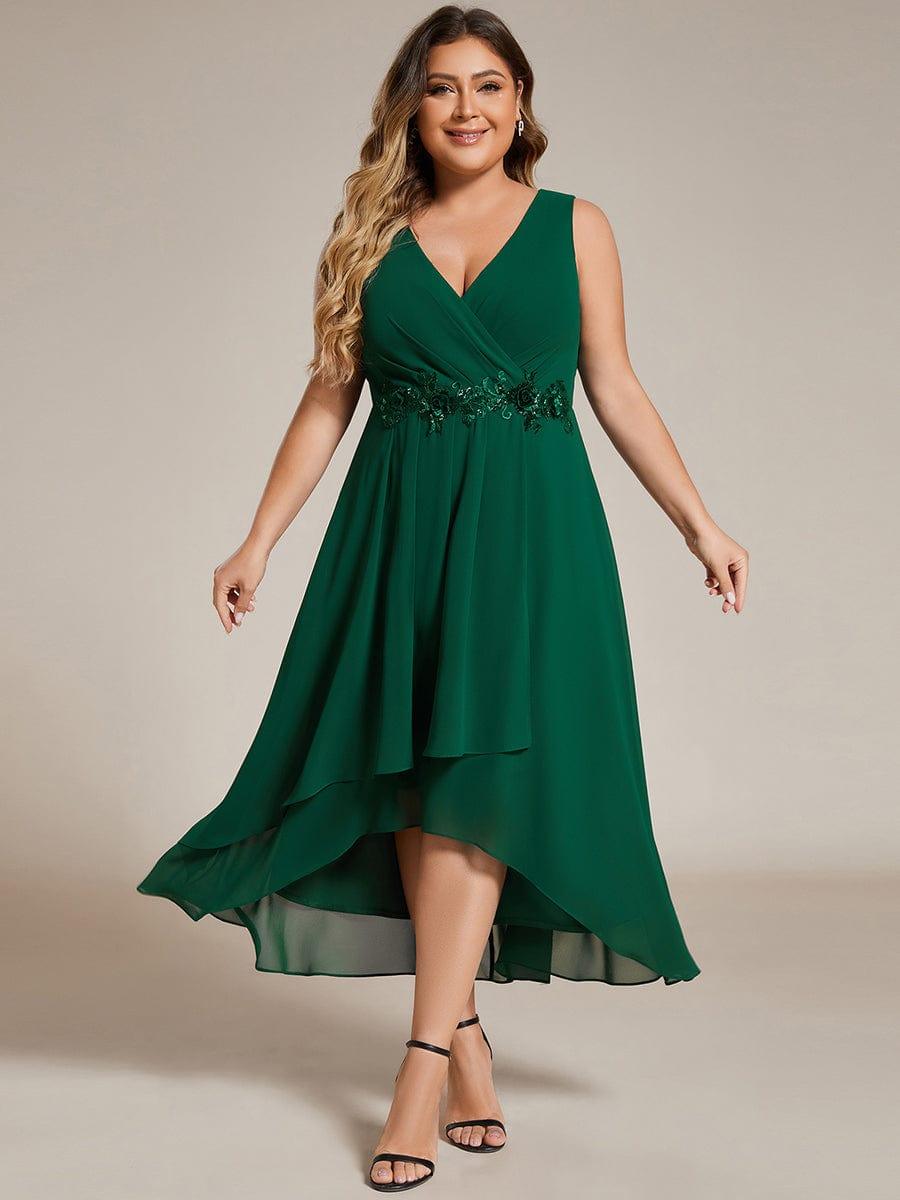 Sleeveless V-Neck High Low Wedding Guest Dress with Floral Applique #color_Dark Green