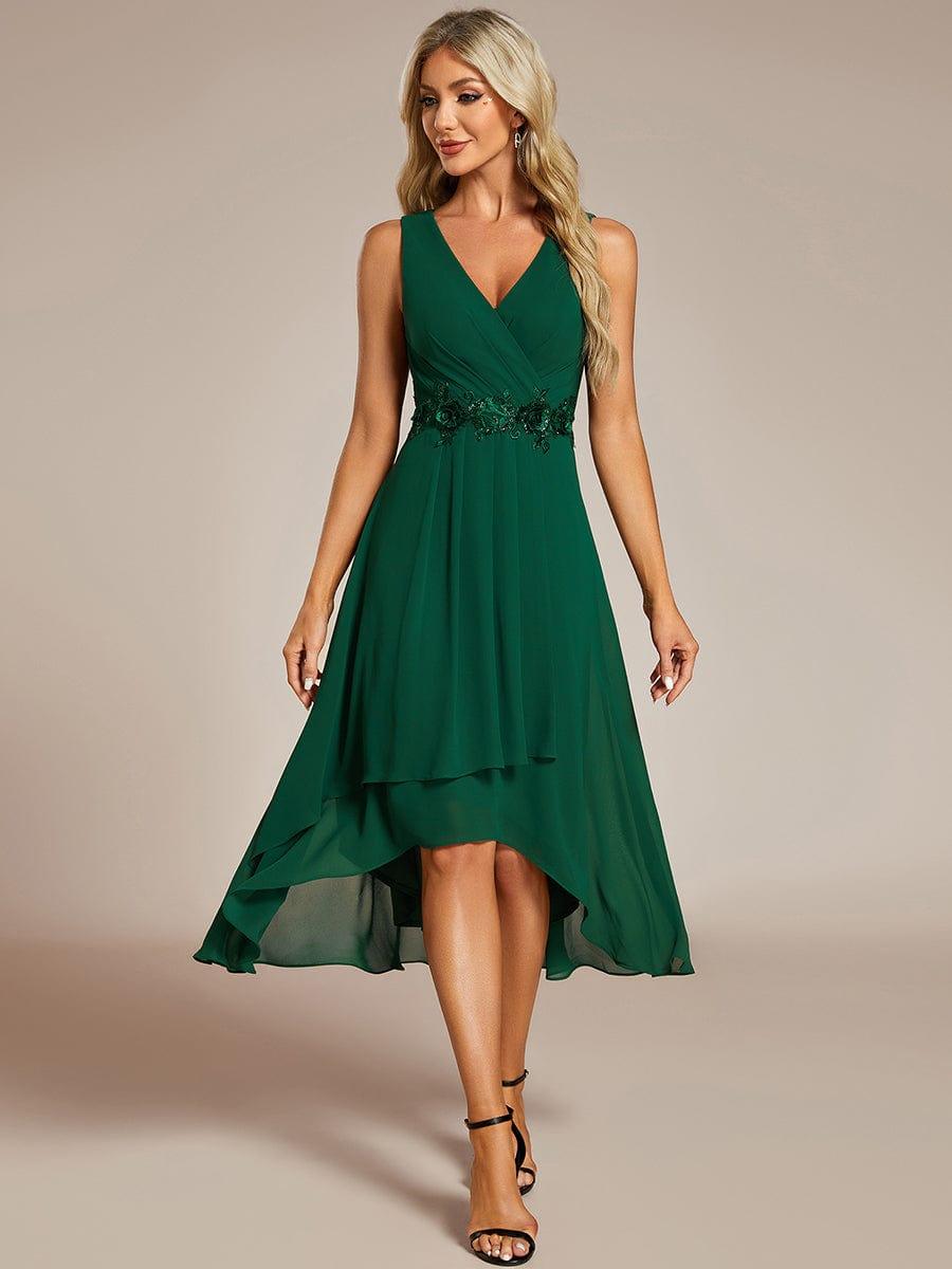 Sleeveless V-Neck High Low Wedding Guest Dress with Floral Applique #color_Dark Green