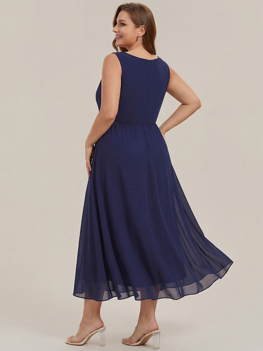Sleeveless V-Neck High Low Wedding Guest Dress with Floral Applique #color_Navy Blue