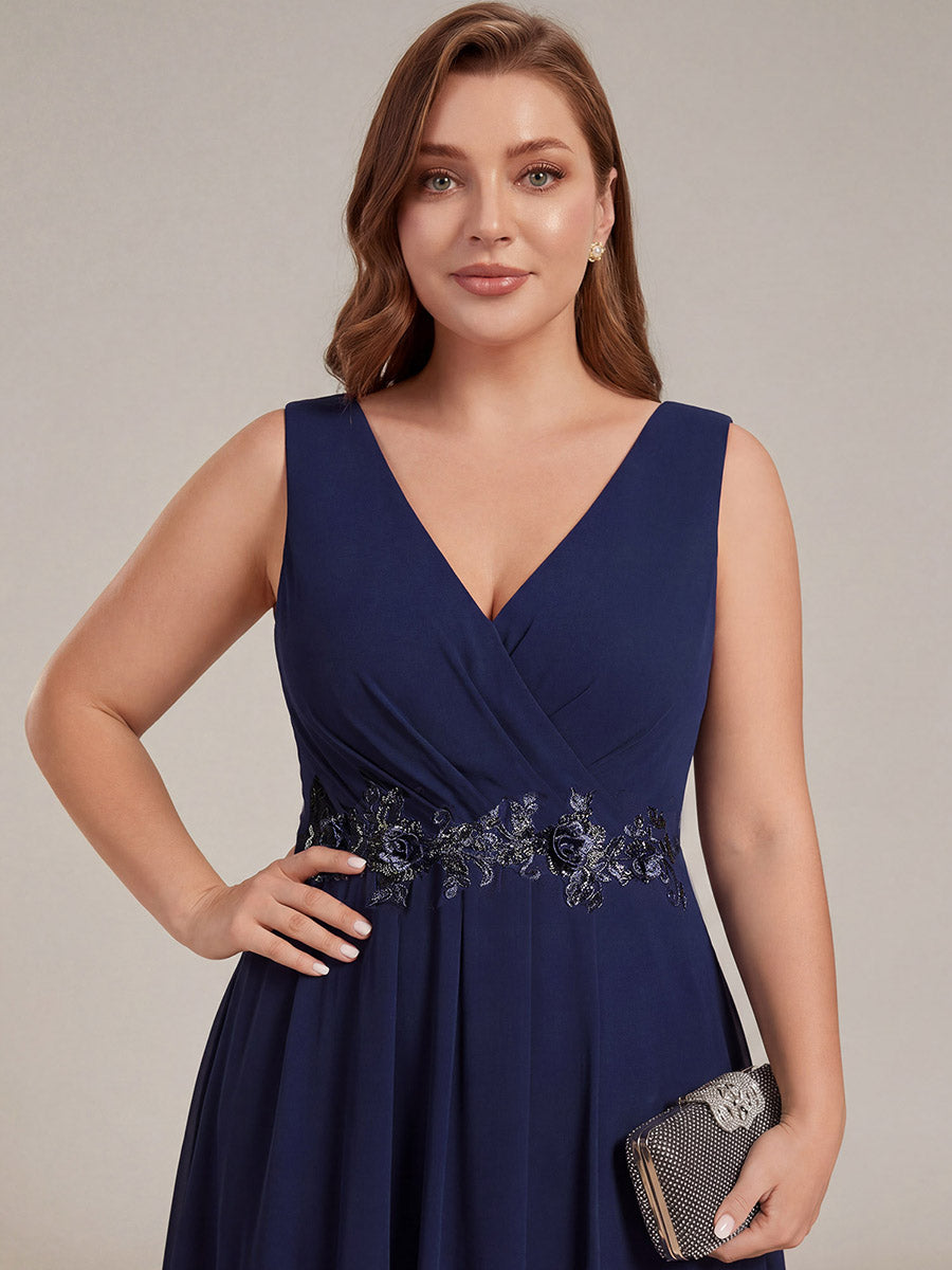 Sleeveless V-Neck High Low Wedding Guest Dress with Floral Applique #color_Navy Blue