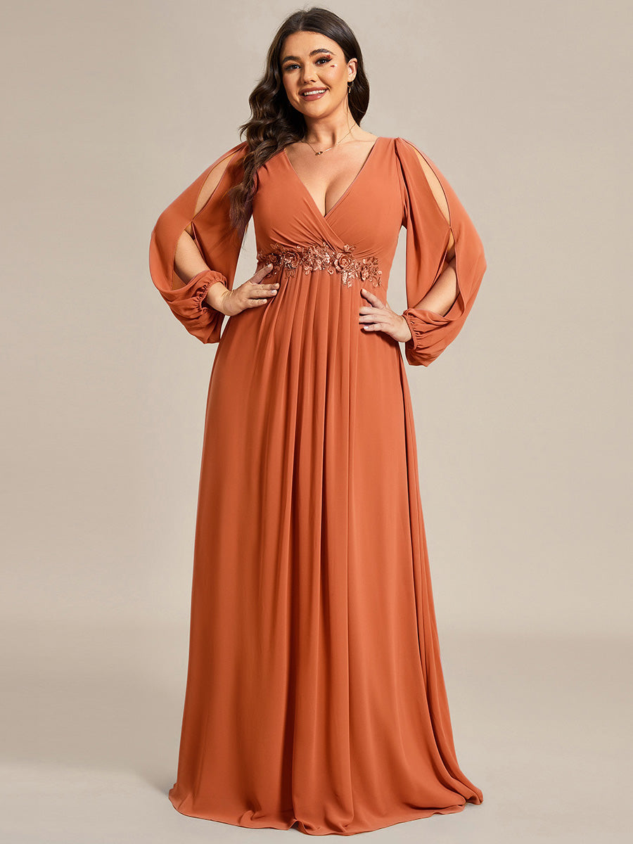 Stylish Plus Size Chiffon Formal Evening Dresses with Long Lantern Sleeves #color_Brandied Melon