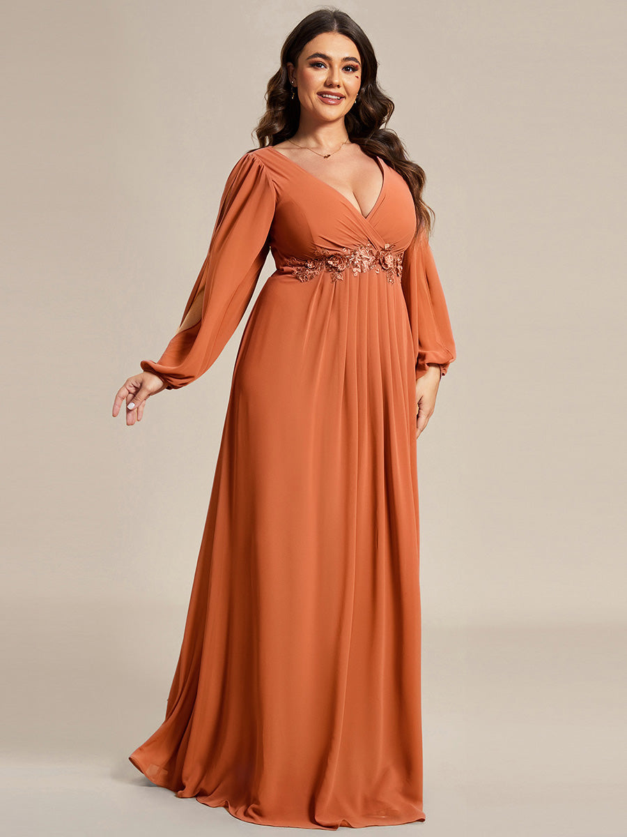 Stylish Plus Size Chiffon Formal Evening Dresses with Long Lantern Sleeves #color_Brandied Melon