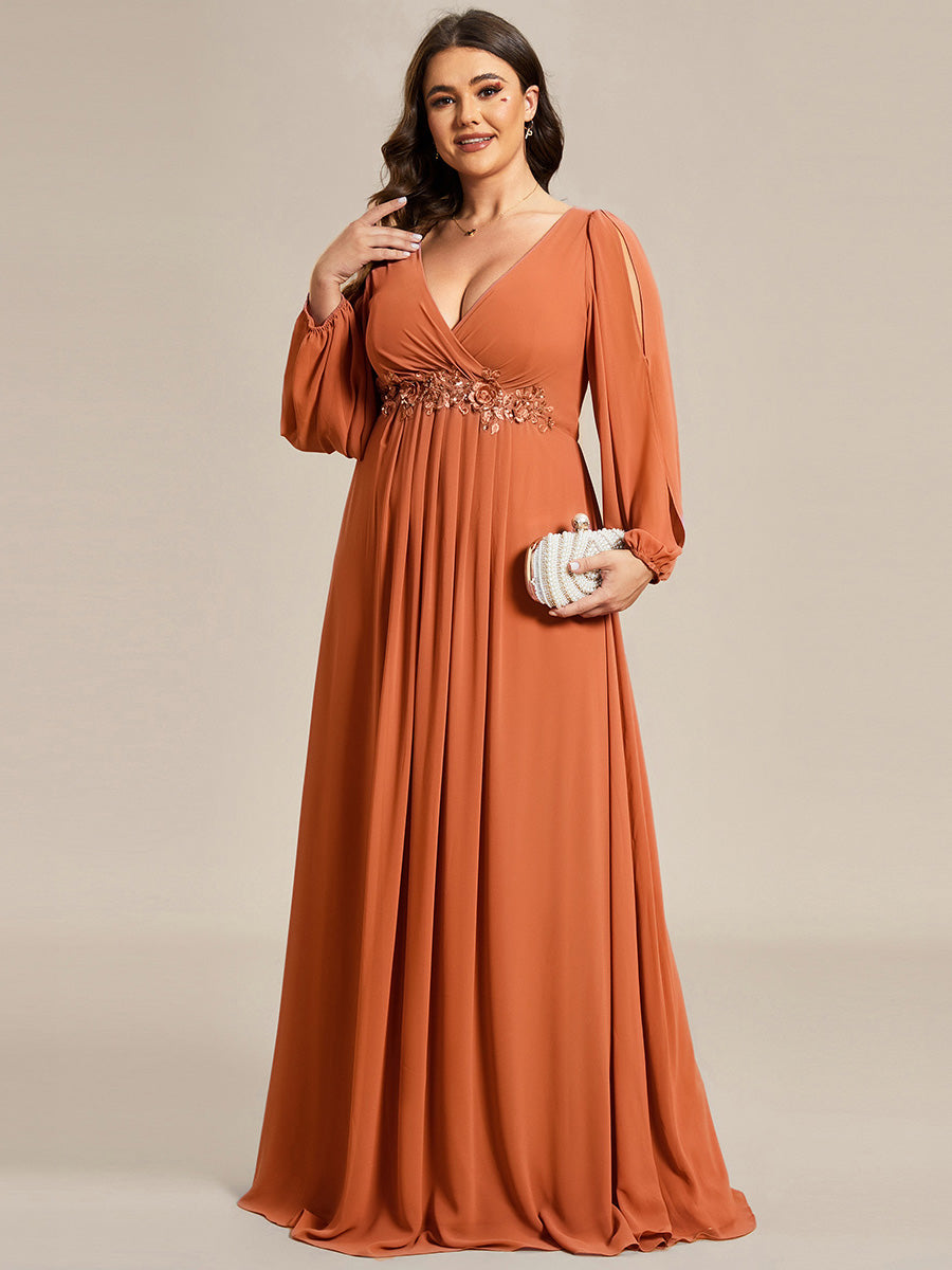 Stylish Plus Size Chiffon Formal Evening Dresses with Long Lantern Sleeves #color_Brandied Melon