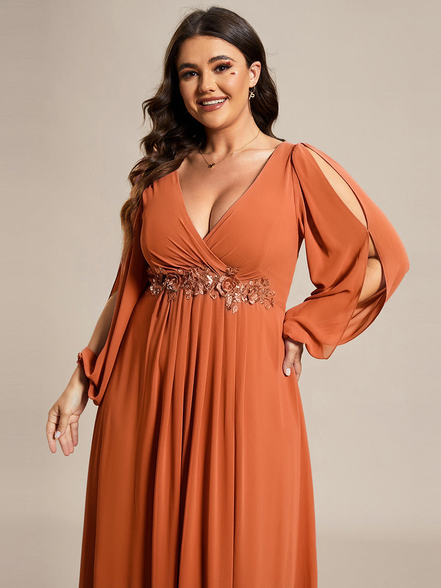 Stylish Plus Size Chiffon Formal Evening Dresses with Long Lantern Sleeves #color_Brandied Melon