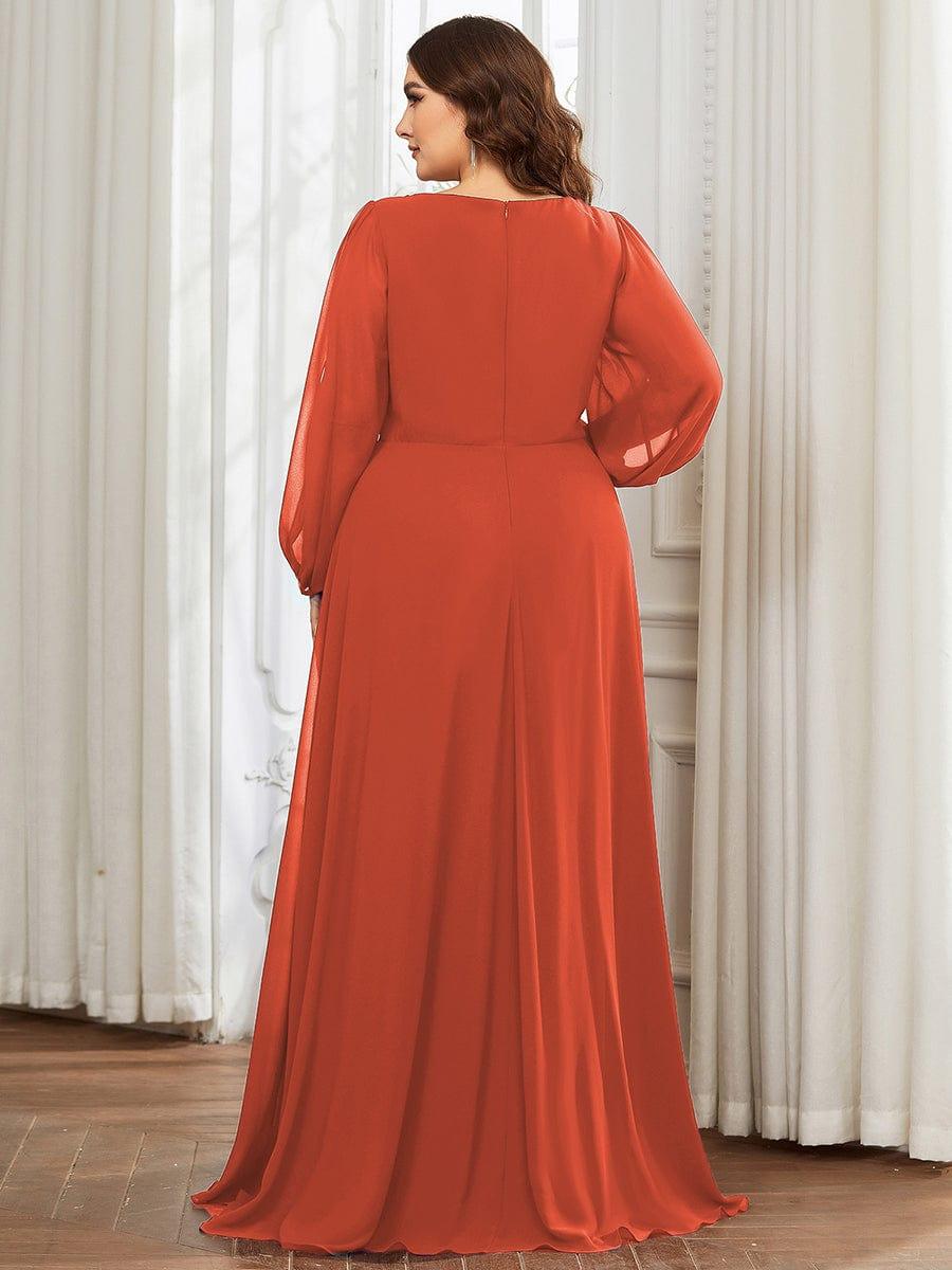 Stylish Plus Size Chiffon Formal Evening Dresses with Long Lantern Sleeves #color_Burnt Orange