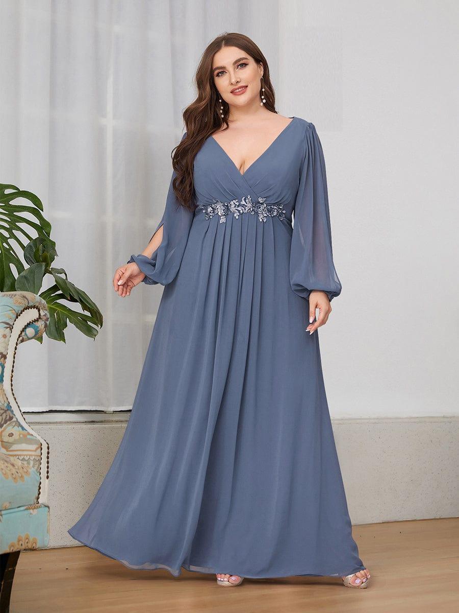 Stylish Plus Size Chiffon Formal Evening Dresses with Long Lantern Sleeves #color_Dusty Blue