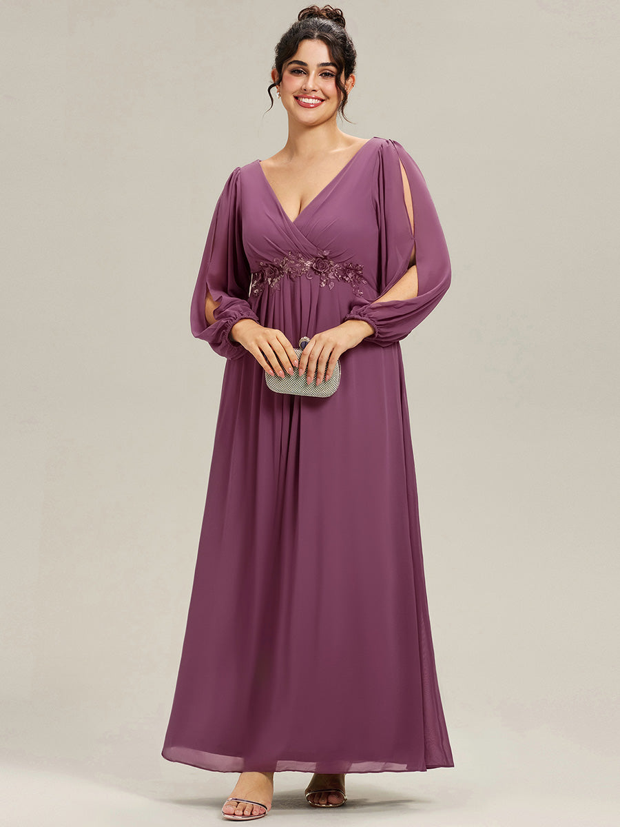 Stylish Plus Size Chiffon Formal Evening Dresses with Long Lantern Sleeves #color_Damson