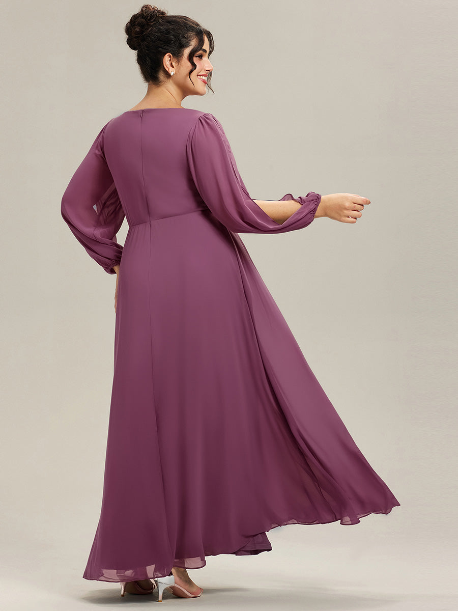Stylish Plus Size Chiffon Formal Evening Dresses with Long Lantern Sleeves #color_Damson