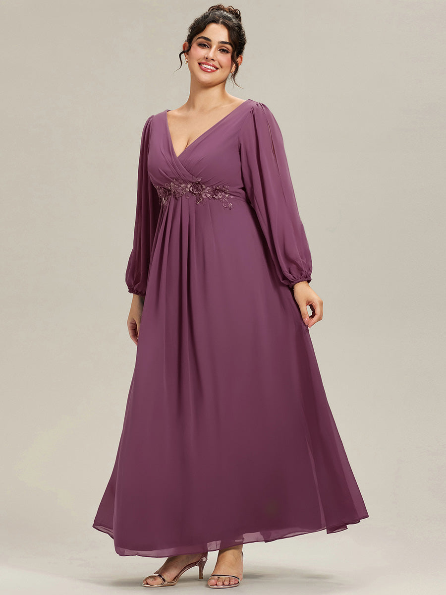 Stylish Plus Size Chiffon Formal Evening Dresses with Long Lantern Sleeves #color_Damson