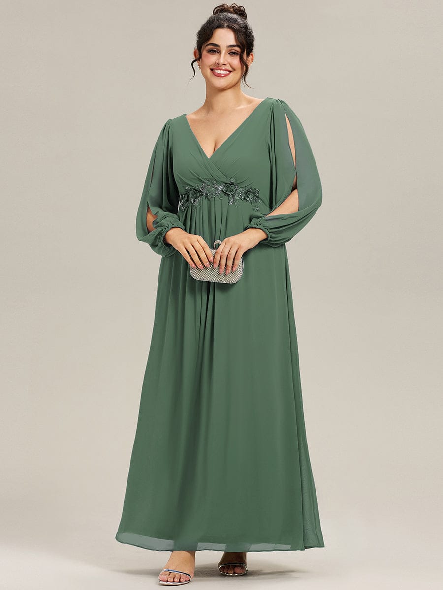 Stylish Plus Size Chiffon Formal Evening Dresses with Long Lantern Sleeves #color_Eucalyptus