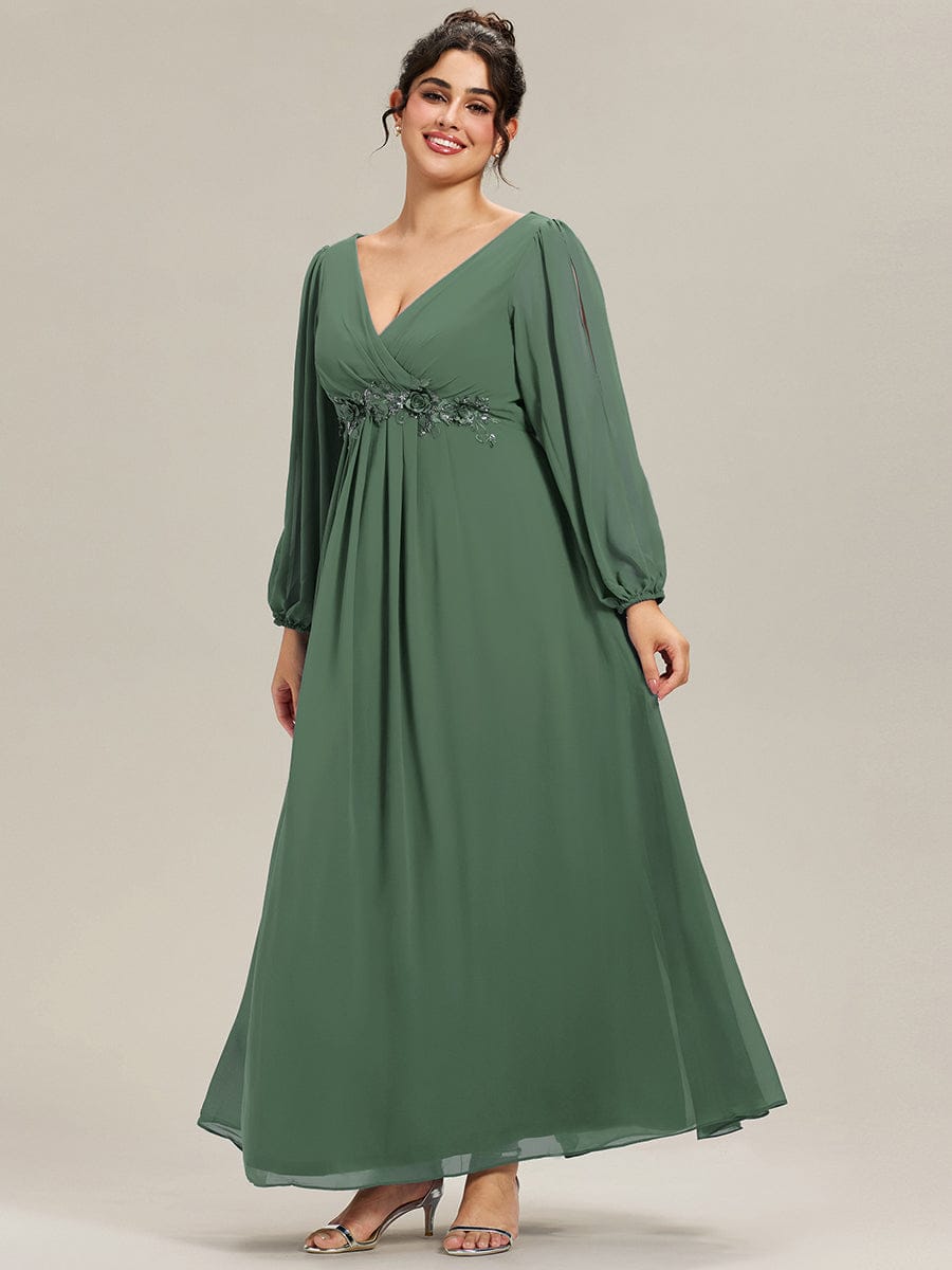 Stylish Plus Size Chiffon Formal Evening Dresses with Long Lantern Sleeves #color_Eucalyptus