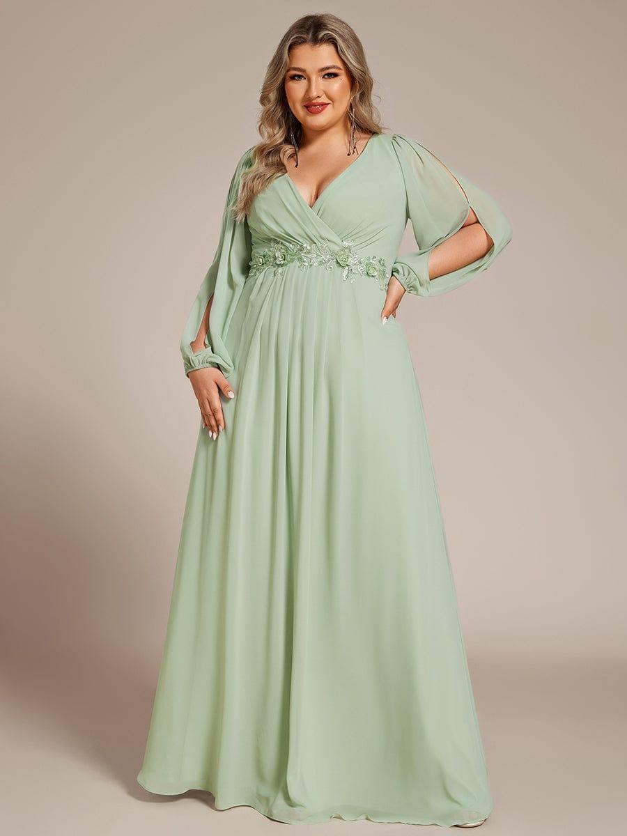 Stylish Plus Size Chiffon Formal Evening Dresses with Long Lantern Sleeves #color_Mint Green