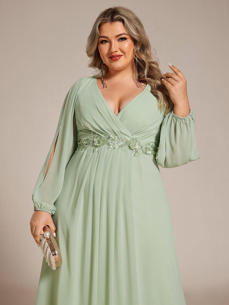Stylish Plus Size Chiffon Formal Evening Dresses with Long Lantern Sleeves #color_Mint Green