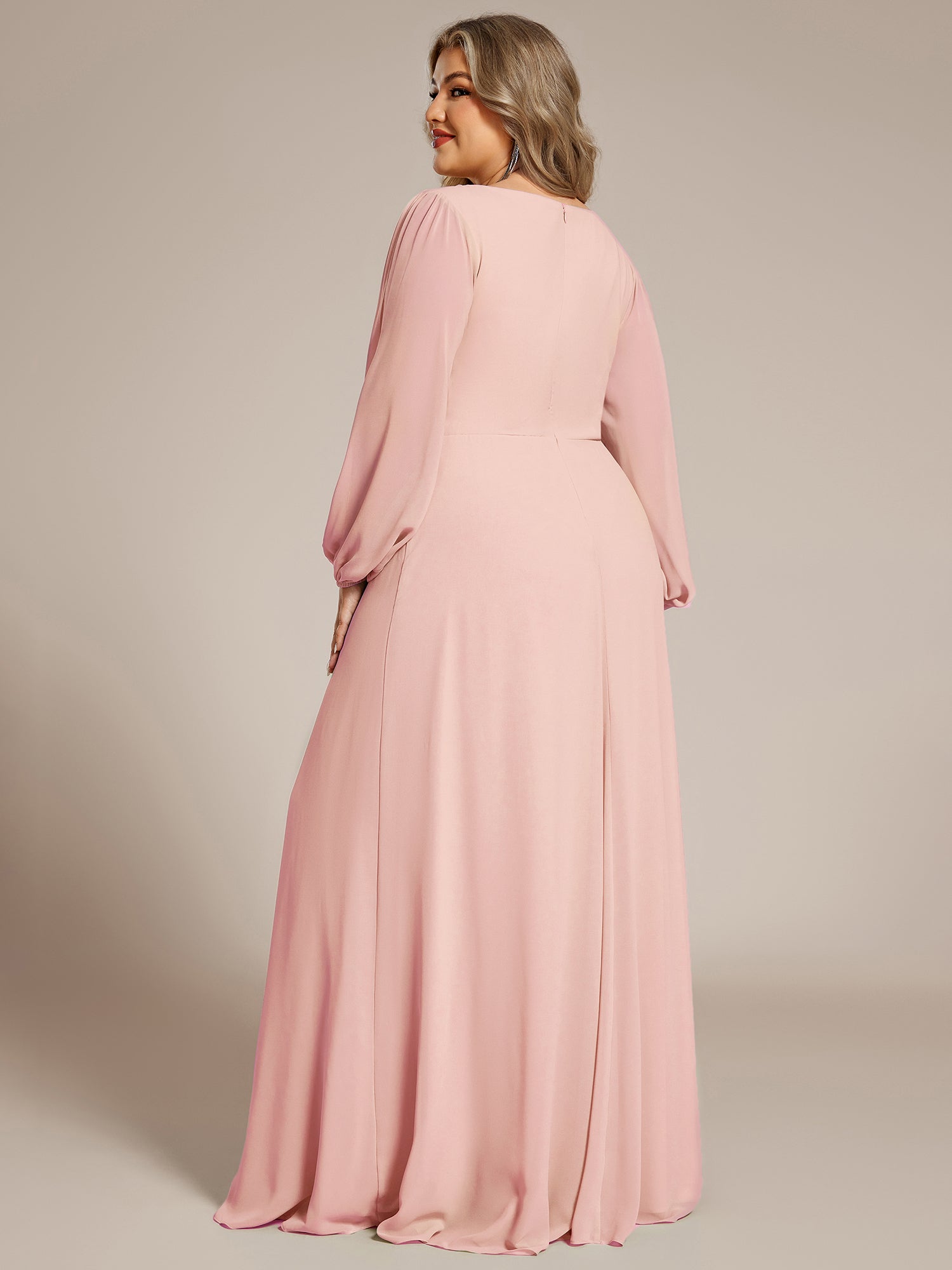 Stylish Plus Size Chiffon Formal Evening Dresses with Long Lantern Sleeves #color_Pink