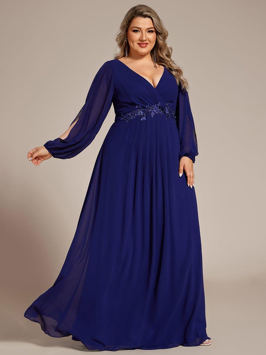 Stylish Plus Size Chiffon Formal Evening Dresses with Long Lantern Sleeves #color_Royal Blue