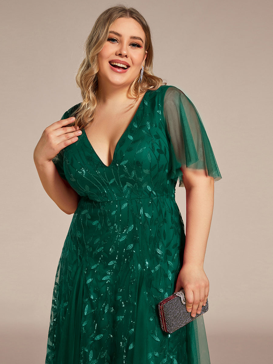 Shimmery V Neck Ruffle Sleeves Sequin Maxi Long Evening Dress #color_Dark Green